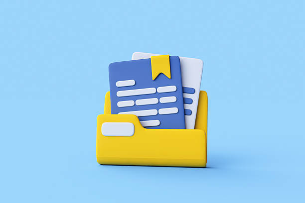 istock 3D rendering of paper document in yellow folder icon isolated on blue background. 2207568780