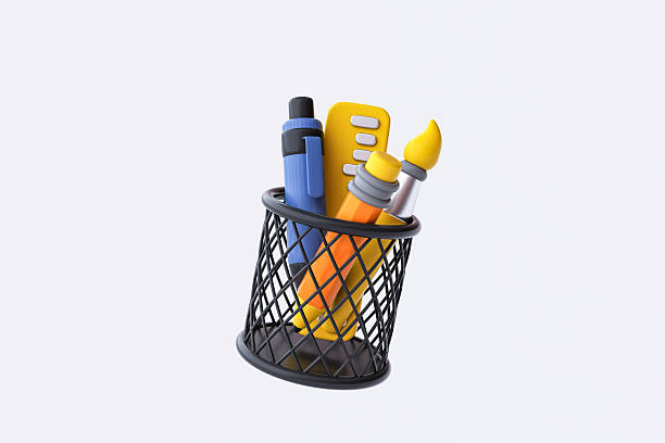 A cheerful and detailed 3D icon of a transparent pen holder filled with essential stationery items: a green pencil, a purple paintbrush, a blue pencil with an eraser, and a yellow ruler. This vibrant illustration is perfect for conveying themes of creativity, art, design, education, office work, organization, and back-to-school. Ideal for various digital projects requiring a symbol of tools for learning and artistic expression.