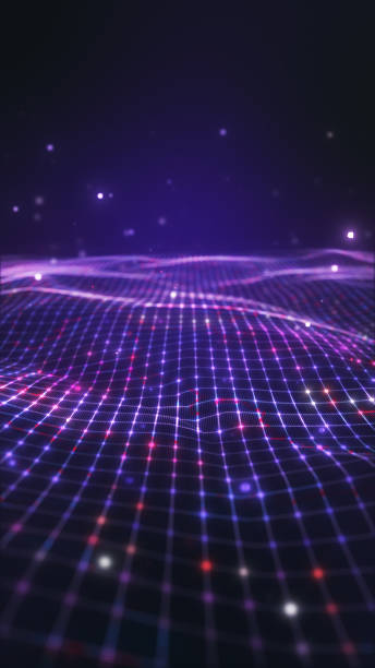 Abstract digital data landscape with glowing particles and dynamic lines on a dark background.