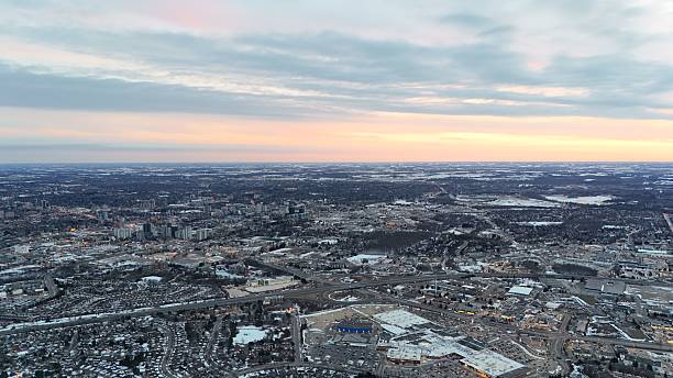 istock Aerial cityscape at dusk with colorful sky. 2207578809