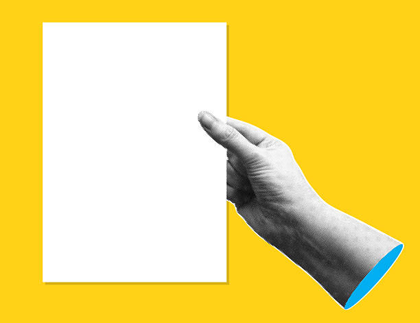 istock Trendy halftone banner with hand holding empty sheet of paper. Place for your text. Modern retro style.Contemporary collage for design template. Vector illustration 2207582088