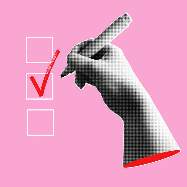 ilustraciones, imágenes clip art, dibujos animados e iconos de stock de banner de medio tono de moda con marcador de mano y marca de verificación de escritura. estilo retro moderno. concepto de votación. collage contemporáneo para plantilla de diseño. ilustración vectorial. - lista de chequeo