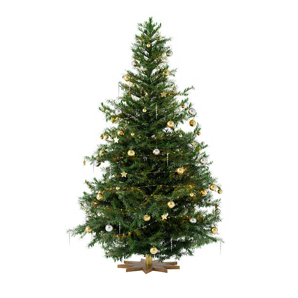 Decorated Christmas Tree with Gold and Silver Ornaments on White Background 3D Rendering