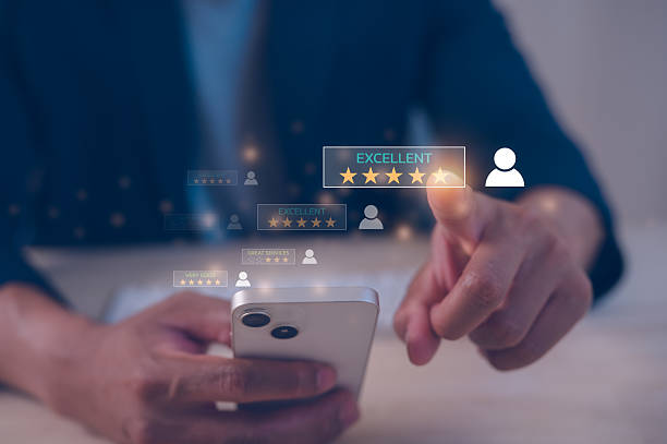 istock feedback and Customer service satisfaction survey concept.Businessman, customers show satisfaction by pressing tick mark on five star bar in satisfaction on virtual touch screen 2207586786