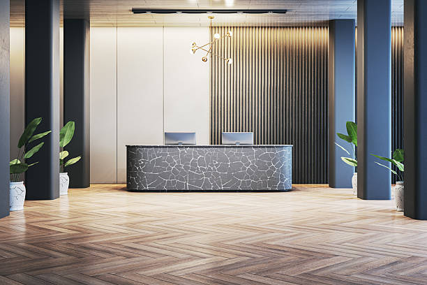Elegant office reception with a marble-patterned counter, wooden parquet floor, decorative lighting, and plants, creating a modern business interior. 3D Rendering