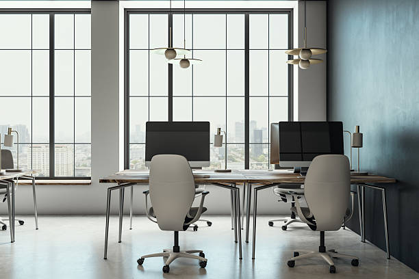 istock Modern office interior with large windows and city view. 3D Rendering 2207593225