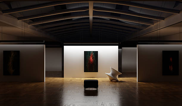 istock Futuristic Art Gallery Interior with Abstract Lighting and Modern Sculptures - 3D Illustration 2207594680