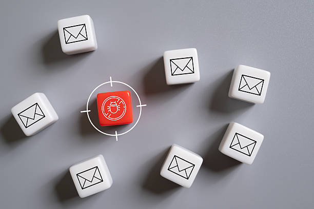 istock Red cube identify and detect cybercrime from email warning sign after got attack phishing email by malware from hacker that commit cyber crime or software crash to cause an error. Antivirus concept 2207594753