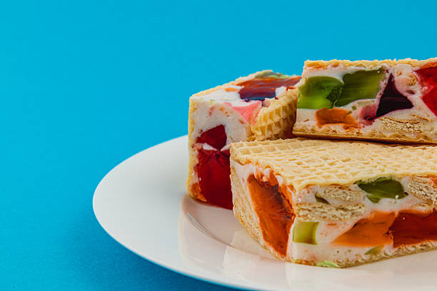 Delightful jelly waffle cakes with fruit cream topping