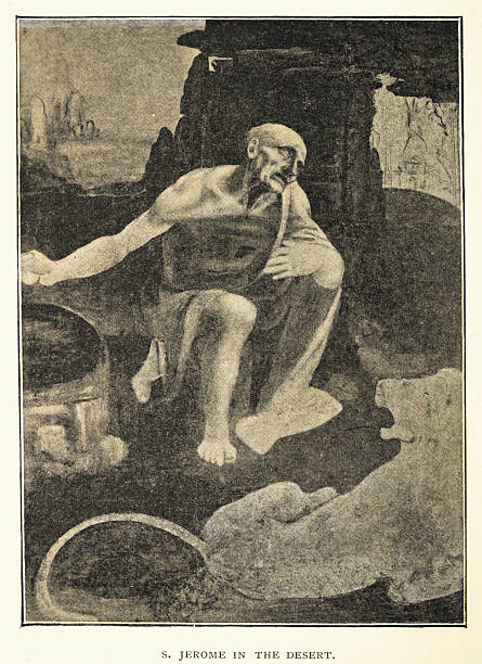 St Jerome in the Desert or Wilderness, after Leonardo da Vinci, Renaissance art, Vintage illustration
