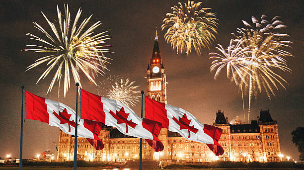 fireworks in ottawa with national flag