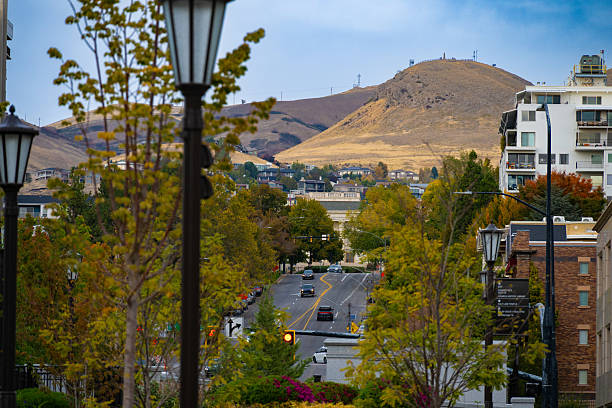 A scenic view of a quiet urban street in Salt Lake City, Utah, framed by lush autumn trees and vintage-style street lamps, leading toward golden hills in the distance. Modern residential buildings and a vibrant city atmosphere are set against the backdrop of a dramatic mountainous landscape, capturing the harmony between city life and nature.