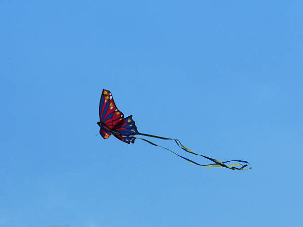 istock butterfly kite with long tails standing high in the blue sky 2207602714