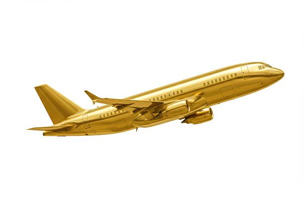 istock Golden Airplane Taking Off 2207606788