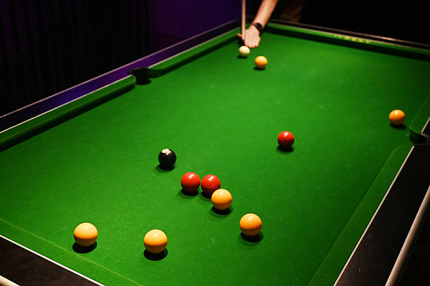 An man playing  Snooker table and balls, Indoor Game.