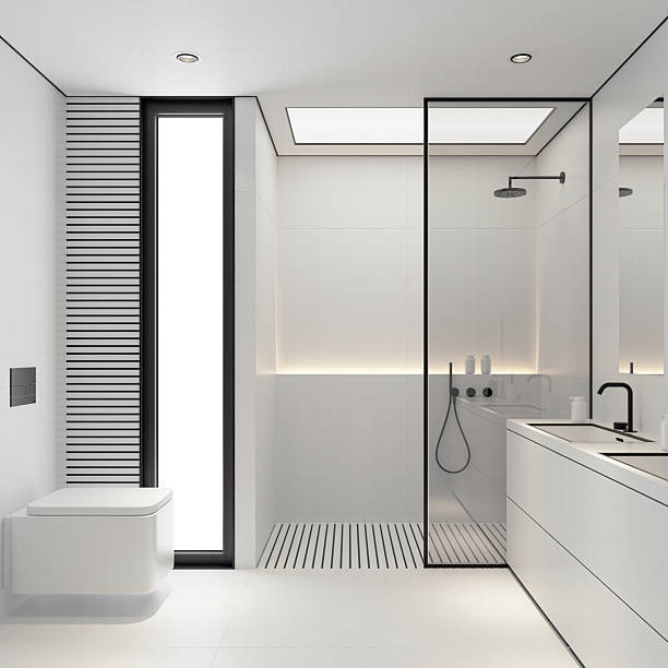 istock Minimalist White Bathroom with Sleek Black Accents 2207612967