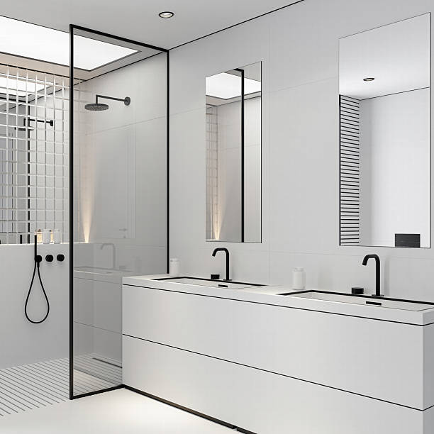 istock Minimalist White Bathroom with Sleek Black Accents 2207612970