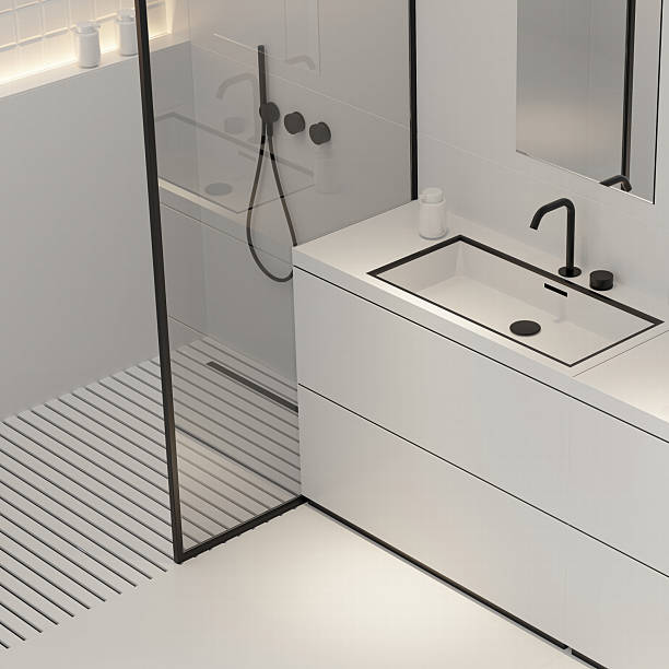 istock Minimalist White Bathroom with Sleek Black Accents 2207612978