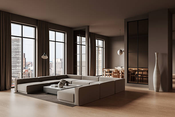 istock Modern luxury living room with large windows and cityscape view. 3D Rendering 2207614631