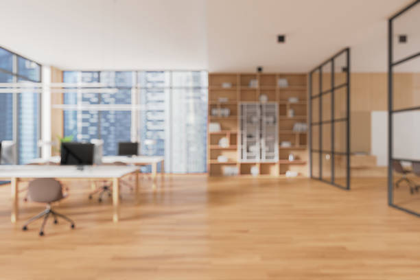 Office with desks and computers, modern graphic style, on light background, concept of professional workspace. 3D Rendering