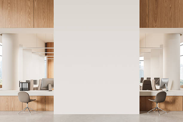 istock Blank wall mockup in modern office interior with wooden elements. 3D Rendering 2207614942