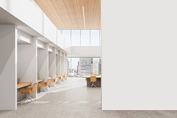 istock Modern office interior with blank wall for poster mockup. 3D Rendering 2207615116