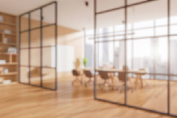 istock Modern office interior with glass partitions and wooden floor. 3D Rendering 2207615282
