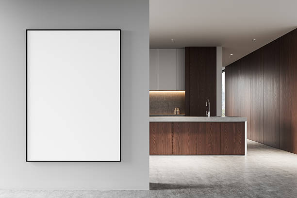 istock Modern interior with large framed blank poster and stylish kitchen design. 3D Rendering 2207615476