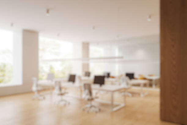 istock Modern office interior with desks and chairs on light background. 3D Rendering 2207615503