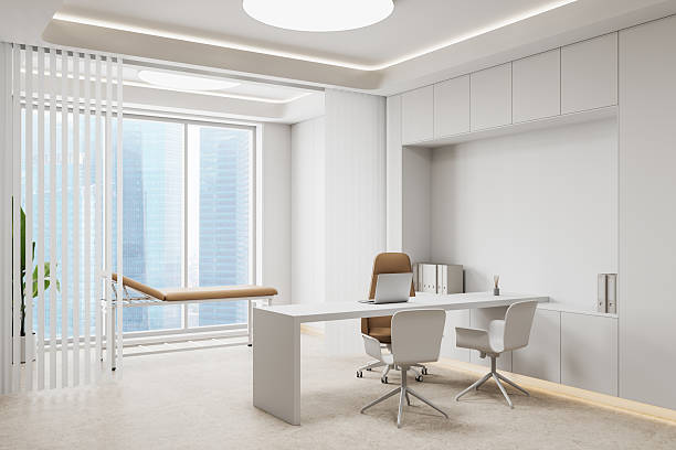 istock Modern medical office interior with minimalist white decor. 3D Rendering 2207615597