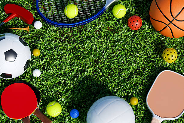 istock Sports equipment on grass.3d rendering 2207623305