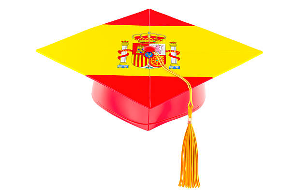 Graduation cap with Spanish flag. Education in Spain or learn Spanish language, concept. 3D rendering isolated on white background