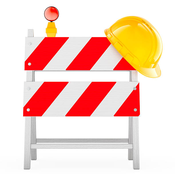 istock Traffic wooden safety barricade with construction hard hat, 3D rendering 2207628741
