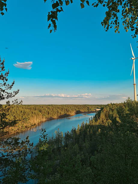 istock Beautiful view from mountain, wind generator and river 2207631969