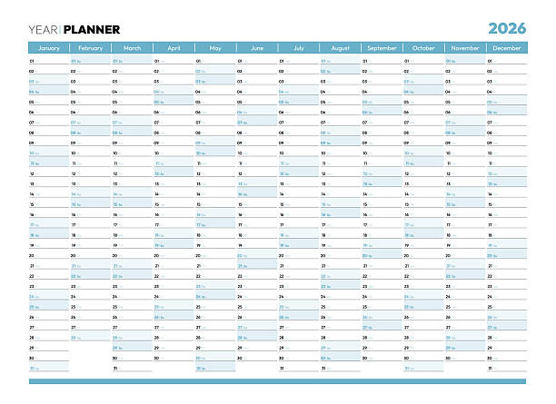 Blank blue 2026 year year planner Blank blue 2026 year year planner, wall calendar for monthly and daily agenda. Schedule page journal, stationery calendar, organizer, planner template with twelve months vector illustration annual event stock illustrations