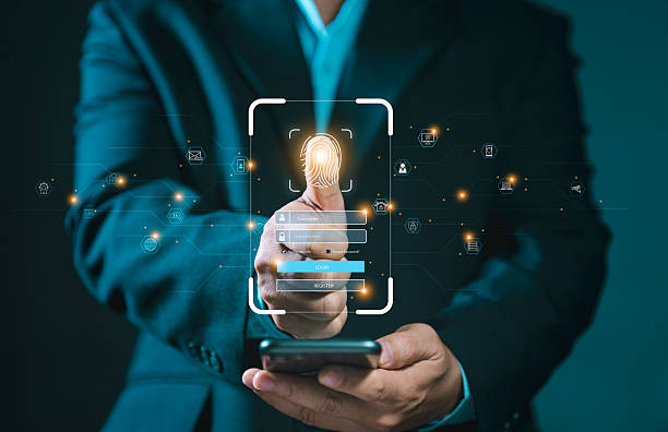 istock Thumbs up with virtual fingerprint to scan biometric identity and access password to login. Login to the secure by fingerprint scan to access protected network data or information on a smart phone. 2207633859