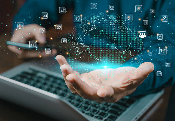 istock Hand holding virtual Global holography and virtual icon connecting metaverse. Digital technology and big data for analysis. Business connection application via technology internet worldwide. 2207633860