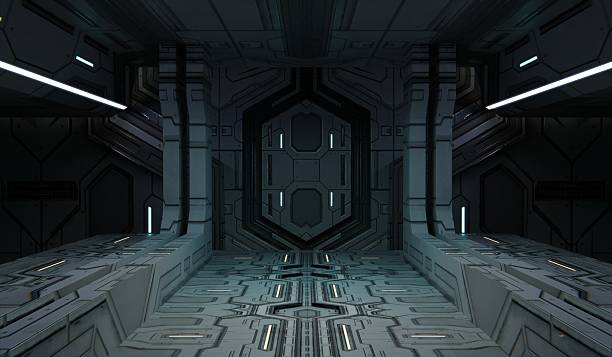 istock Spaceship corridor, abstract background, technology stage, modern podium, 3d illustration 2207637596