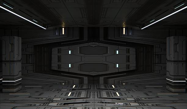 istock Spaceship corridor, abstract background, technology stage, modern podium, 3d illustration 2207637600