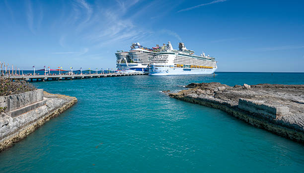 A stunning aerial view of a tropical island port surrounded by crystal-clear turquoise waters and lush greenery. The pier extends into the calm ocean, welcoming cruise ships and visitors to the island. Palm trees and sandy beaches line the shoreline, while the vibrant blue sea contrasts beautifully with the green hills in the background, capturing the essence of a serene Caribbean getaway.
