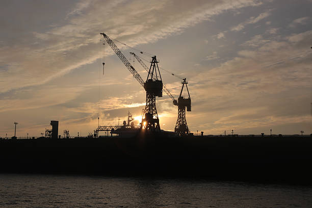 Line-up of old industrial cranes in the harbor of Antwerp at dawn, Belgium