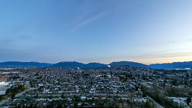 Beautiful view of Vancouver and Burnaby from Brentwood tower during sunrise in springtime