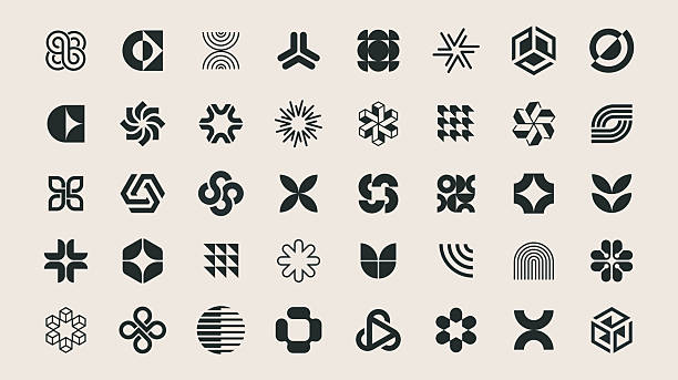 ilustraciones, imágenes clip art, dibujos animados e iconos de stock de conjunto vectorial de elementos de diseño de símbolos de estilo bauhaus geométricos minimalistas - logotipo