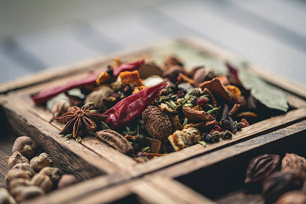 Spices in wooden box