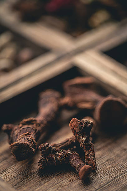 Spices in wooden box macrophotography