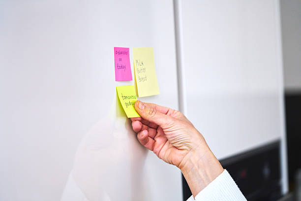 istock Putting Adhesive Notes on Refrigirator with a Shopping List and Organizing Household Notes 2207653505