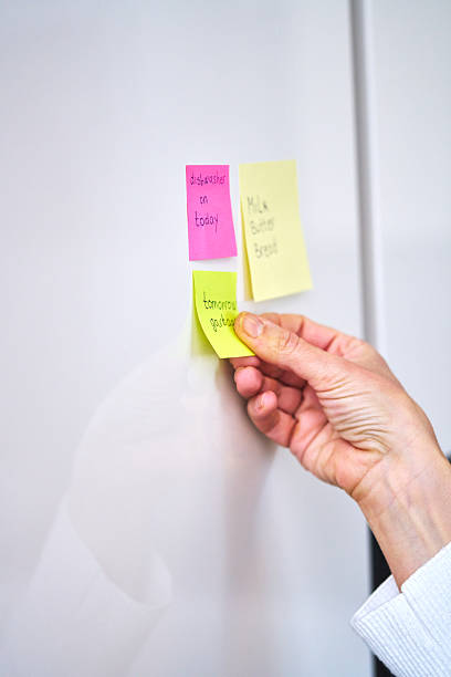 istock Putting Adhesive Notes on Refrigirator with a Shopping List and Organizing Household Notes 2207653612