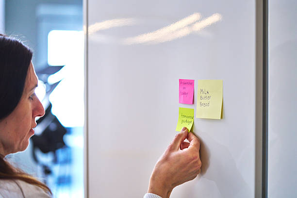 istock Putting Adhesive Notes on Refrigirator with a Shopping List and Organizing Household Notes 2207653676