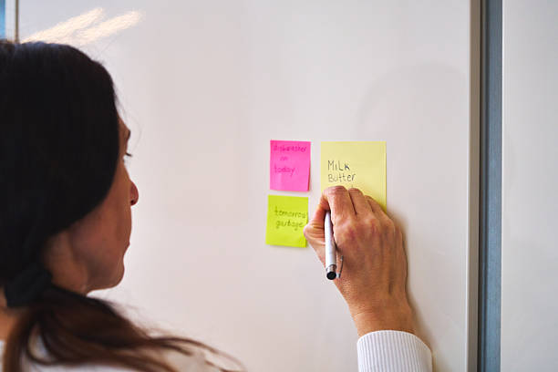 istock Writting Shopping List on Adhesive Note and Putting on Refrigirator 2207653832