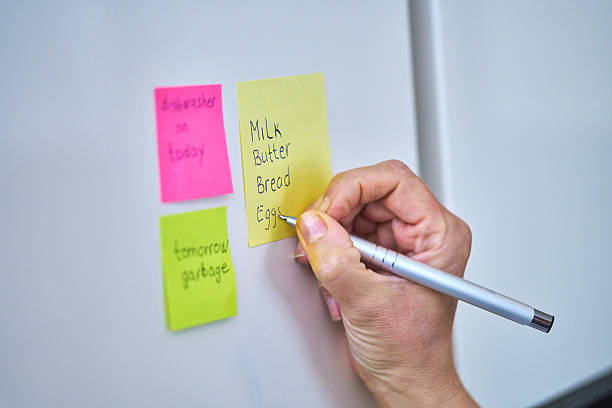 istock Writting Shopping List on Adhesive Note and Putting on Refrigirator 2207654000